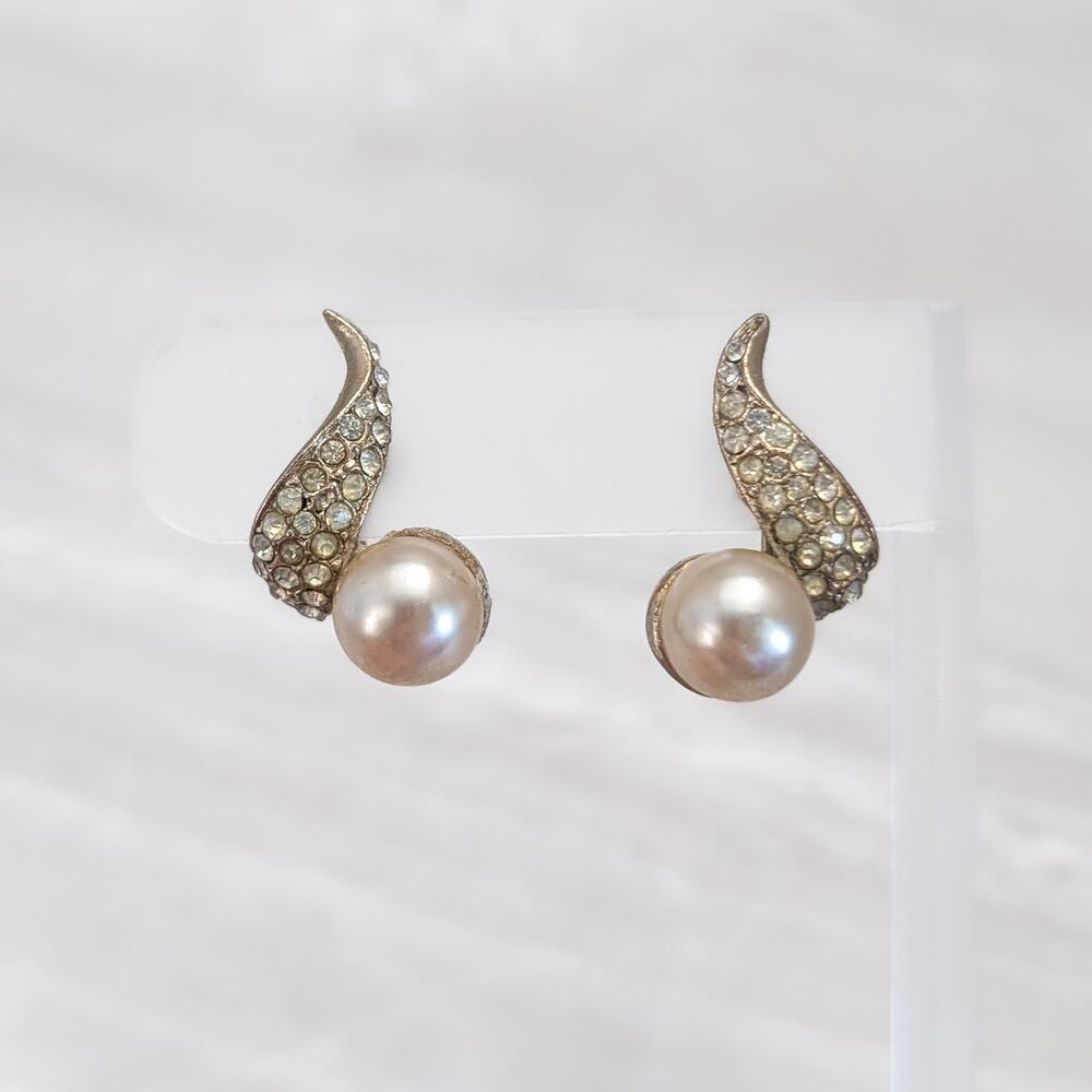 Vintage Screw On Earrings Gold Tone, Clear Gem, Faux Pearl - Fair Condition